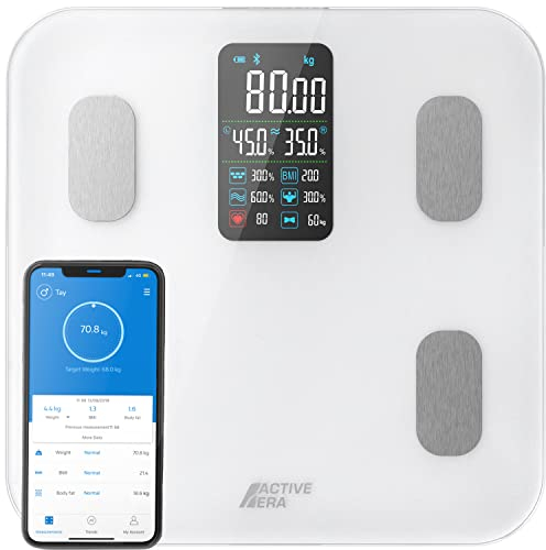 Active Era Bluetooth Personenwaage digital mit großem LED Display - Bluetooth Körperfettwaage mit 16 Messungen, hoch präzises Körpergwicht, Body-Mass-Index (BMI), Freie Smartphone App (Weiß)
