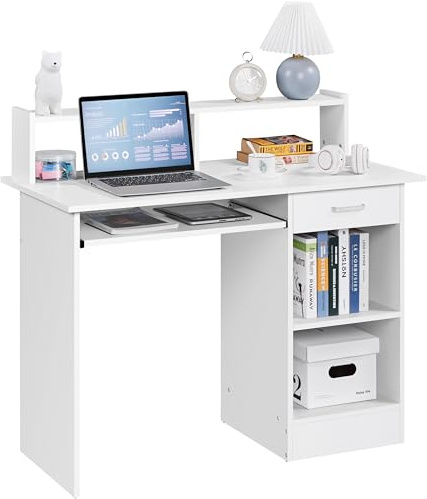 Yaheetech 106x50x94cm Computer Desk with Storage Shelves Office Workstation with Monitor Shelf PC Laptop Study Table for Home Office White
