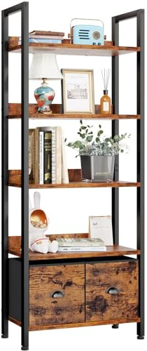 Furologee 5-Tier Bookshelf, Tall Bookcase with 2 Storage Drawers, Industrial Standing Storage Shelf, Wood Metal Display Rack for Living Room Bedroom Home Office, Rustic Brown