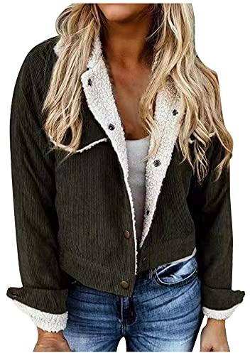 Women's Cord Jacket - Vintage Plush Lined Long Sleeve Warm Corduroy Jacket with Sherpa Lining for Autumn Winter, S - XXL, Army Green, L