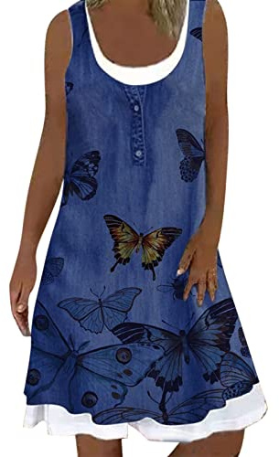 Vestido Mujer Verano Cuello Redondo Cortos Y Casuales Vestidos Cortos Playa Vestido Sin Mangas Corto Verano para Mujer Falda De Una Pieza Falsa De Dos Piezas con Estampado Abstracto(J03,5XL)