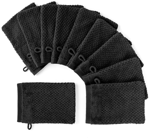 Pure Label 10-TLG. Waschhandschuh Set 16x21cm mit Anhängeschlaufe aus 100% Baumwolle, saugstark, weich und Oeko-TEX Zertifiziert - 10 Waschlappen aus Baumwolle, Schwarz