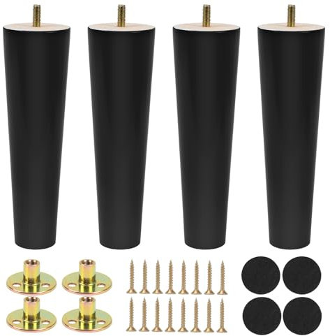Luabue 4 Piezas 20cm Conicas Patas de Madera para Muebles de Mesa, Sofa, Reemplazo con Placa de Montaje Tornillos y Protector Antideslizante, Negro
