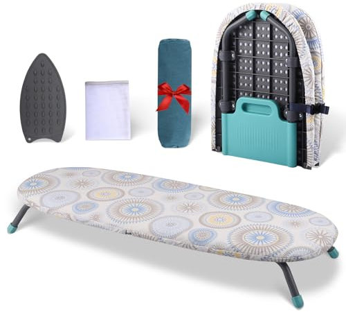 Foldable Ironing Board, Table Top Ironing Board with Iron Rest & Ironing Mat, Compact Steam Iron Table with 2 Covers, Non-Slip Folding Legs, Lightweight, Space Saving for Home Travel Use, 82x32cm