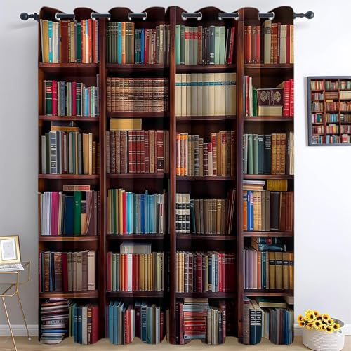 Vorhänge Blickdicht 2er Set Vintage Bücherregal Motiv 3D-Effekt Bibliothek Bücher Gardinen Thermovorhänge mit Ösen Verdunklungsvorhänge für Schlafzimmer Wohnzimmer Lesezimmer, H 200 x B 140 cm