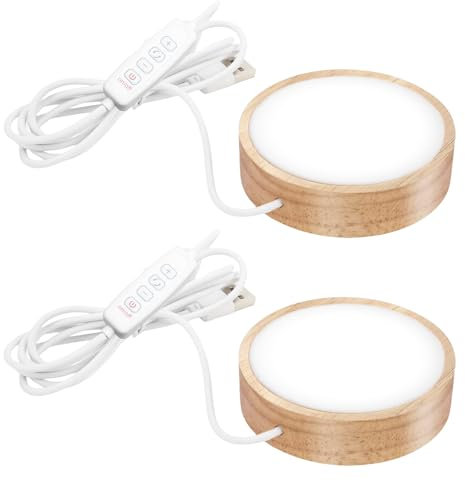 HOSPAOP Set di 2 sottobicchieri a LED in legno, 3 colori, base luminosa dimmerabile, base decorativa a LED, per cristalli, vetro, foto in vetro 3D, 10 cm