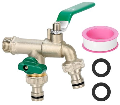 QWORK® Double Robinet de Jardin en Laiton avec 2 Sortie et Clapet - Antigel et Antirouille, Idéal pour Irrigation et Lavage