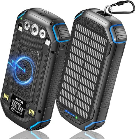Power Bank Solar inalámbrico de 26800mAh con 3 Cables, Cargador Solar USB-C de 15W Carga Rápida 4 Salidas y 3 Entradas para Teléfono móvil, Batería Externa para Exteriores con Linterna