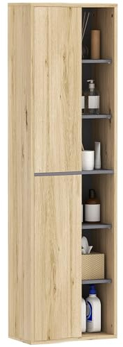HOMCOM Columna de Baño de Pared Armario de Baño con Compartimentos Abiertos y 2 Puertas Mueble de Baño Moderno 40x24x141,5 cm Natural