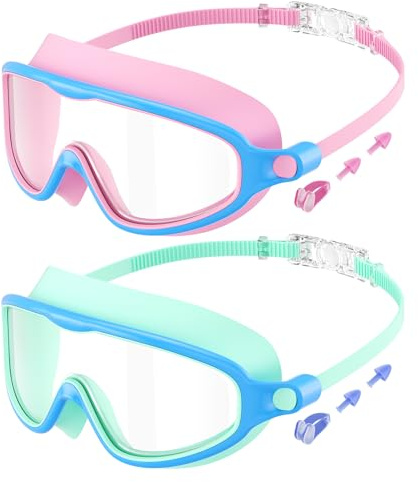 2 Pack Kids Swimming Goggles Wide Vision Swim Goggles with Ear Plugs Nose Clip Anti Fog UV Protection No Leakage Clear Vision for Children Early Teens 3 to 15 Years Old Child (PinkBlue & GreenBlue)