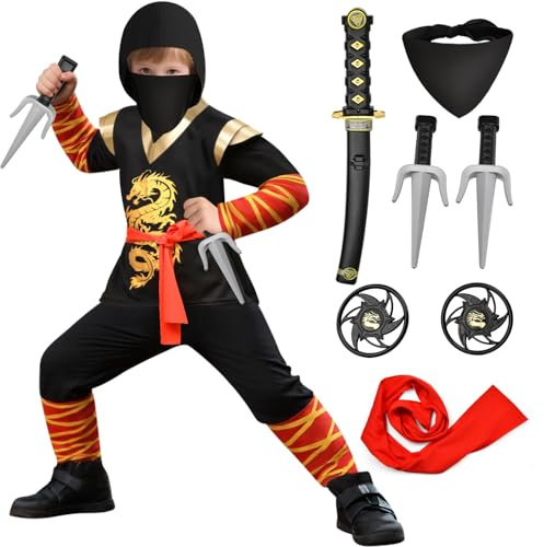 Tacobear Déguisement Ninja Enfant avec Jouet Ninja Accessoires Deguisement Halloween Noël Carnival Costume Ninja Vêtements pour Garçon Fille (130, 6-7 Ans)