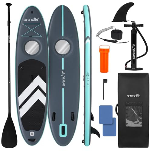 SereneLife Stand Up Paddle Board Inflatable SUP 32in Wide Stable Design for Adults and Kids – Window Viewing Deck with GoPro Mount Non Slip EVA Complete Kit
