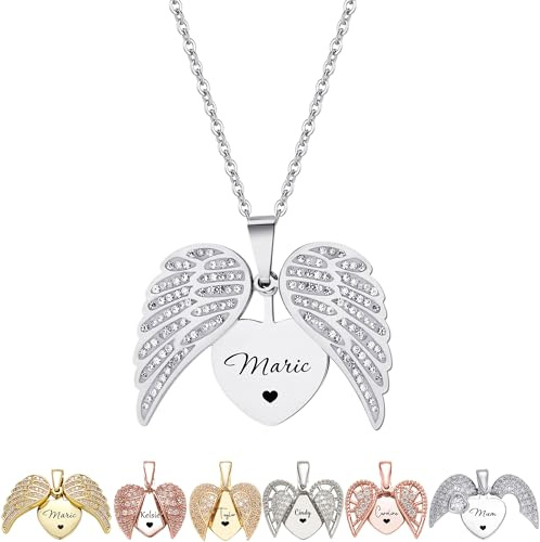 Svyqwmz Collana personalizzata con ali d'angelo Collana personalizzata con nome inciso Cuore medaglione Coppie Gioielli commemorativi regalo per donne uomini