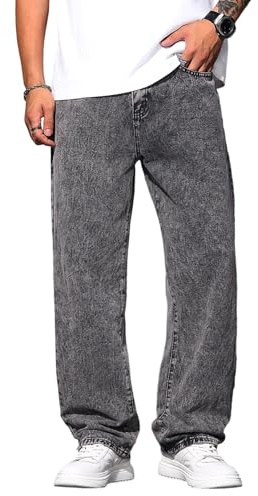 Zewool Pantalon Denim Homme Coupe Large Loose Fit Y2K Style Skater Jean Baggy à Jambe Droite Pantalon Hip Hop Streetwear Décontracté Coupe Relaxée Années 2000 pour Skateboard,F Gris,M