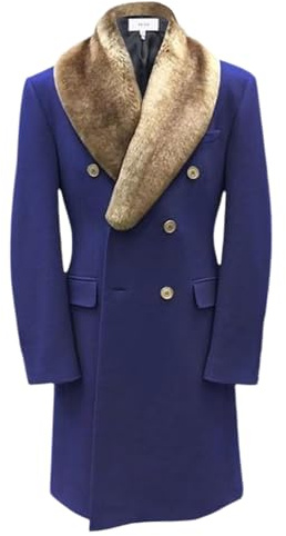 Generisch manteau en laine long pour homme, trench-coat à col en fourrure uni avec veste de transition boutonnée et poches, veste ample en style anglais, veste chaude et décontractée pour homme, bleu