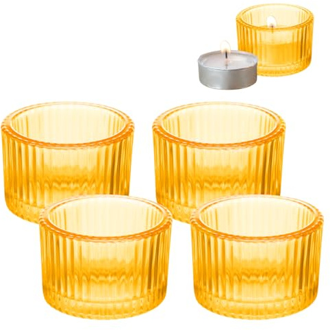 4 Pcs Tealight Candle Holder, Fluted Christmas Glass Candle Holder Glass Tea Light Candle Holders Ribbed Christmas Glasses Tealight Holders for Xmas Table Centerpiece Home Party Decor (Gold)
