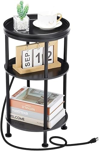 YEAKOO Nordic End Table, 3-Tier 30cm Round Side Table with Storage Shelf Edge Protection Tray, Sturdy Metal Frame Coffee Table Bedside Table for Living Room Bedroom Small Spaces (USB Charger, Black)