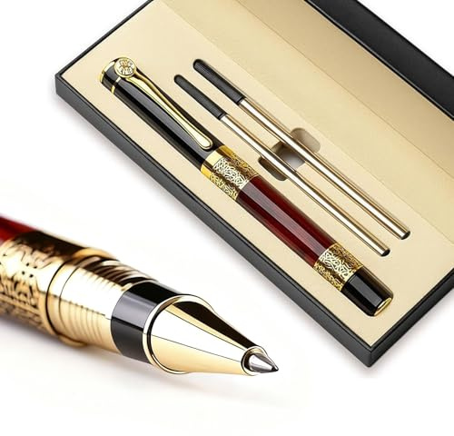 Luxury Rollerball Pen Set Gift 0.5mm Black Ink Ballpoint Pens with 2 Replacement Refills Fine Point Sign Writing Pen Business Executive Signature Pens for Men & Women Present Journaling Office Home