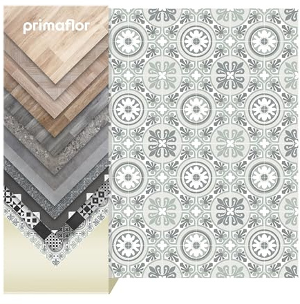 Primaflor PVC Boden Tacuto | 200x300 cm | Fliese Lagos 905M | 2,00 m Breite | PVC Bodenbelag Meterware | Retro Fliesen-Optik | Grau-Grün-Weiß | CV Boden Vinylboden für Wohnraum Bad Büro Messe