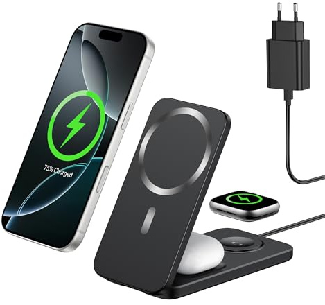 Cargador 3 en 1 Apple Compatible con MagSafe, Cargador Inalámbrico Magnético Plegable 15W para iPhone 17/16/15/14/13/12, Cargador iPhone y Apple Watch con AirPods, Base de Carga Rápida (Negro)