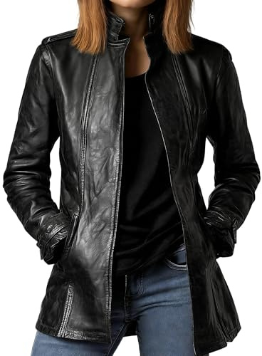 Giacca da donna in similpelle con collo alto, maniche lunghe, stile motociclista, casual, alla moda, nera, taglia XX Large