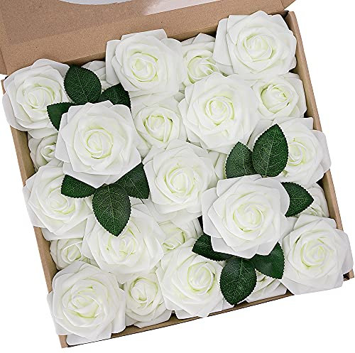 N&T NIETING Artificial Flowers - 25pcs Foam Roses with Stems, Ivory White Fake Flower for DIY Wedding Bouquets, Centerpieces, Crafts, Party & Home Decoration