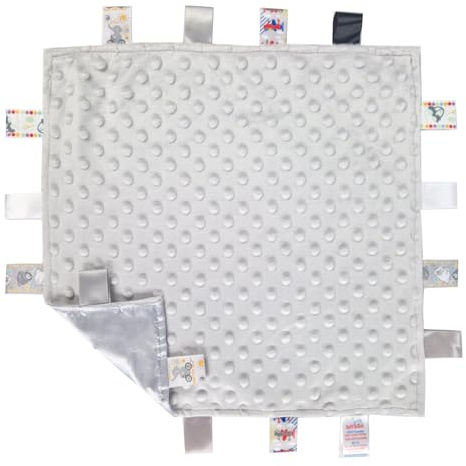 Soft Touch Taggie Comforter Baby Comfort Blanket with Sensory Tags and Bubble/Heart/Star/Foil Print Pattern (Grey Bubble)