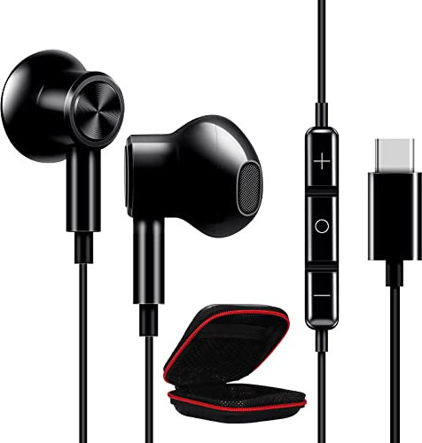 Auriculares USB C para Samsung A17/A16/A26/A36/A56/S25/S24/S23/S22/S21 HiFi Estéreo Magnético Headphones USB Tipo C Auriculares con cable Earphones con micrófono para iPhone 17 16e 15 Pixel 9 8a negro
