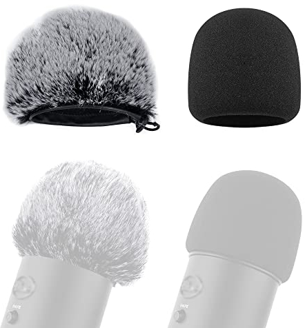 GEEKRIA for Creators Foam and Furry Microphone Windscreen Combo Pack Compatible with Blue Yeti, Yeti Pro Microphone Antipop Foam Cover, Mic Wind Cover, Fluff Windscreen Muff