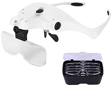 Lupenbrille mit Licht Hancaner Kopfbandlupe Stirnlupe Brillenlupe,Verstellbare Halterung Vergrößerungsglas mit 2 LEDLeuchten Goggles für Brillenträger,Lesen,Handwerk,5 Linsen 1.0X,1.5X,2.0X,2.5X,3.5X