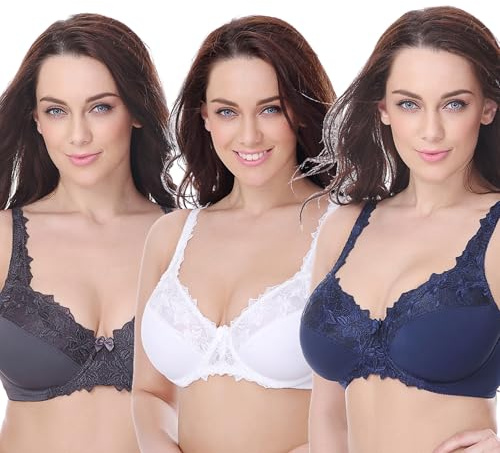 Curve Muse Taglia Grossa Minimizer Reggiseno Sfoderato con Ferretto con Ricamo in Pizzo-Confezione da 3-Marina Militare,Bianco,Grigio-10F