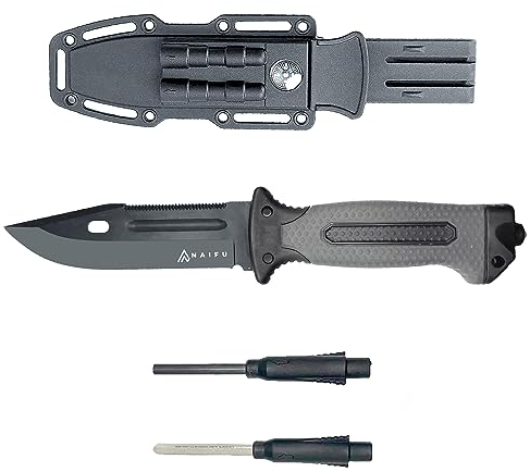 Naifu The Hunter V – Couteau de survie à lame fixe 12,5 cm en acier inox 3Cr13, allume‑feu et aiguiseur intégrés, étui rigide – camping accessoires - Couteau Bushcraft