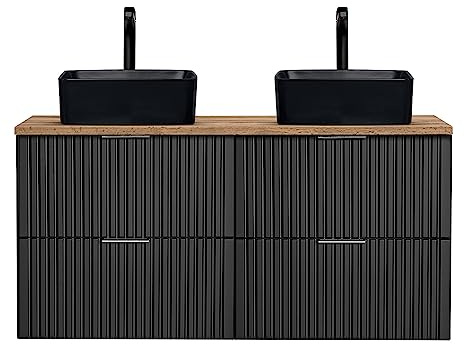 Lomadox Doppio lavabo con 2 vasche da appoggio, nero opaco con rovere Nb, parte anteriore scanalata, larghezza x altezza x profondità ca. 120,6/73,2/46,5 cm