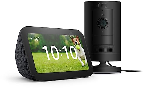 Ring Outdoor Kamera (Ring Stick Up Cam Plug-In), Schwarz, Funktionert mit Alexa + Der neue Echo Show 5 (3. Gen.) | Anthrazit - Smart Home-Einsteigerpaket