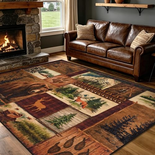 ASPMIZ Rustic 5x7 Area Rugs Non-Slip Washable — Buffalo Plaid Country Log Cabin Bear Deer Fox Design, Vintage Soft Faux Wool Large Carpet Rugs for Living Room Bedroom