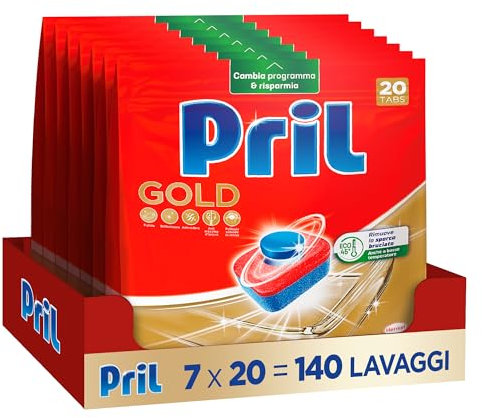 Pril Gold Tabs 10 Azioni, Detersivo per Lavastoviglie, Pulisce a Fondo Anche i Residui Ostinati, Confezione da 20 Tabs x 7 (140)