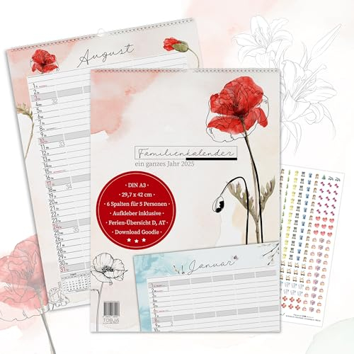 TOBJA Familienkalender 2026 5 Spalten mit 300 Stickern - A3 Aquarell Design Familienplaner 2026 XXL | Familienkalender 2026 6 Spalten für 5 Personen