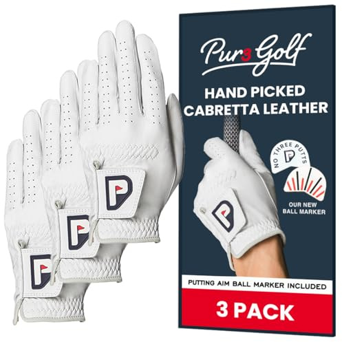 PUR3 Cabretta Leather Golf Gloves Men Left Hand and Right Hand | with Putting Aim Ball Marker | Real Genuine Ultra Soft Cabretta Leather Golf Glove | Multi-Pack