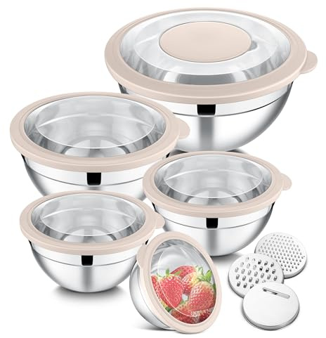 E-far Mixing Bowls Set of 5, Stainless Steel Salad Mixing Bowl with Transparent Lid, Metal Nesting Bowl Attach with 3 Graters for Kitchen Prepping/Serving/Baking/Storage, 4.6/2.6/1.5/1/0.7 QT - Khaki