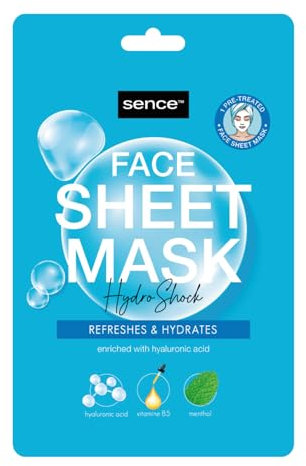 Sence Hydro Shock Maschera in panno con acido ialuronico, olio di ricino e pantenolo, maschera cosmetica per il rilassamento e la cura del viso, Beauty and Skincare Face Sheet Mask (3 pezzi)