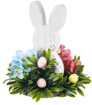 MISNODE Decorazioni Pasquali per la Casa, Centrotavola Centrotavola Pasquale in Legno Rustico, Coniglio Bianco con Fiori Decorazioni Pasquali per la Tavola, Graziosi Regali (B)