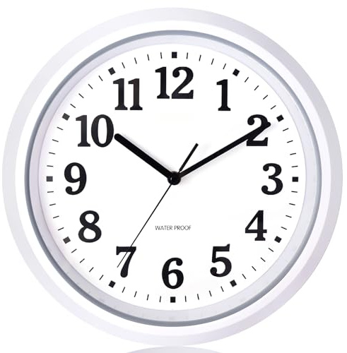 KIZLOC Reloj de pared redondo de 32 cm, resistente al agua, para exteriores, resistente a la intemperie, fácil de leer, silencioso, funciona con pilas, para exteriores, piscina, balcón, baño (blanco)