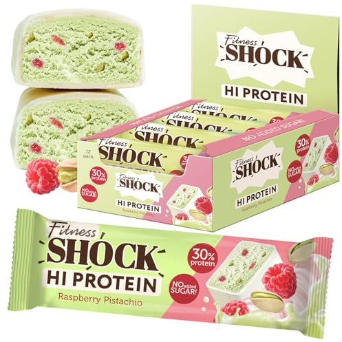 FitnesSHOCK Proteinriegel Set mit hohem 30% 12g Proteingehalt Eiweißriegel ohne Zuckerzusatz mit 5g Kollagen low carb ballaststoffreich kalorienarm Pistazien Geschmack 12Stk 40g