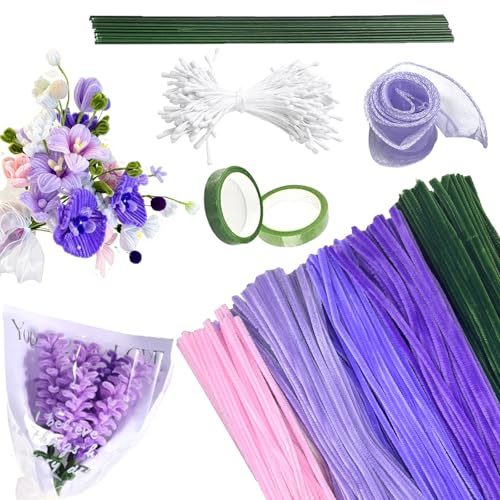 pangdapengpeng 400 Pezzi Scovolini Pipa Ciniglia Steli Set per Fai da Te, 5 Colori Viola Bastoncini Decorativi in Ciniglia con Filo Floreale, Nastro, Stame per Fatto a Mano (Tulipani Viola)