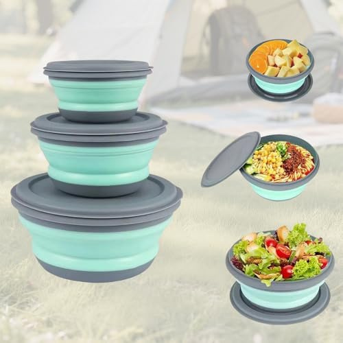 Komoke Ciotola pieghevole con coperchio, 3 pezzi – Ciotola pieghevole da campeggio, insalatiera portatile pieghevole e sciacquone da campeggio, per cucina, campeggio, attività all'aperto, accessori da