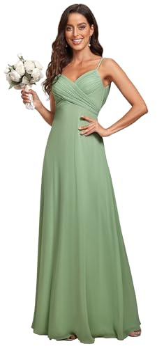 Ever-Pretty Vestido de Fiesta Corte Imperio SIN Mangas SIN Elasticidad Plisado Escote en V para Mujer Largo Verde Salvia 38