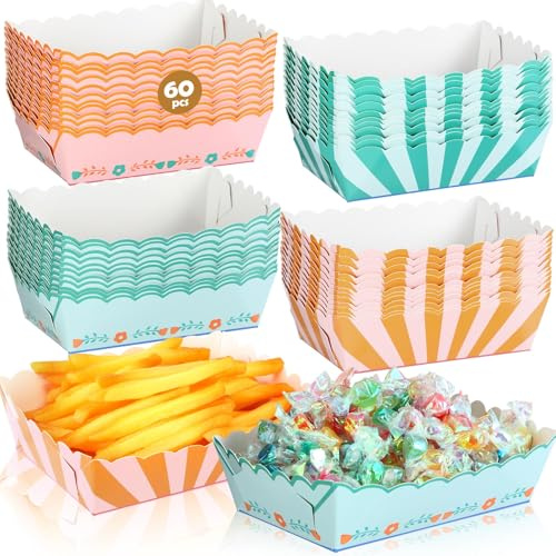 Havawish 60 Pack Italian Summer Disposable Food Trays, Last Toast Coast Scalloped Paper Snack Boats, Stripe Wavy Disposable Serving Food Boats, Nacho Plates for Party, Wedding, Picnic, BBQ
