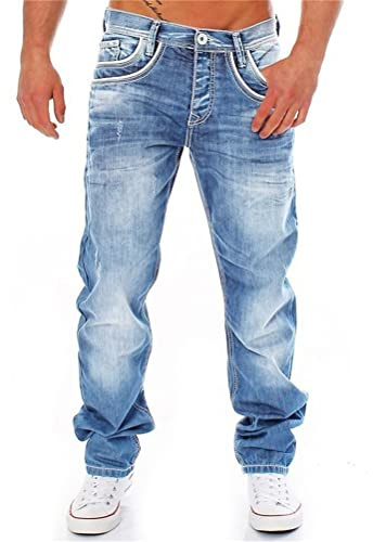 ORANDESIGNE Jeans Coupe Droite pour Hommes Jeans Stretch Coupe Slim Pantalon de Travail Couleur Pure Basique Décontracté Pantalons en Denim C Bleu Clair L