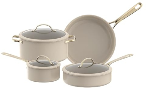 Chef Power Ceramic Cookware Sets, 10Pcs Pots and Pans Set Non Stick, Cookware Set with Stainless Steel Handle, Dishware & Oven Safe, Taupe and Light Gold Handle