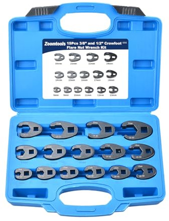 Zoomtools Juego de Llaves Crowfoot (Pata de Gallo) de 8 a 24mm, Mandos de 3/8 y 1/2, para Espacios Reducidos, Coches y Motos, Llaves para Tuercas Abocinadas, Llave Boca Hexagonal Abierta